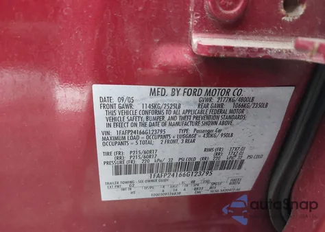 2006 Ford Five Hundred Sel from USA, damaged, VIN 1FAFP24166G123795